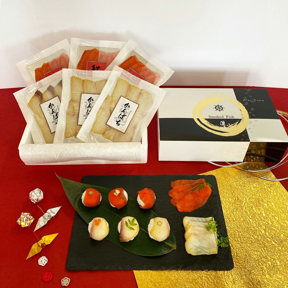 漢魂紅白お祝いセット｜紅鮭・かんぱちの燻製ギフト｜燻製専門店Kaori